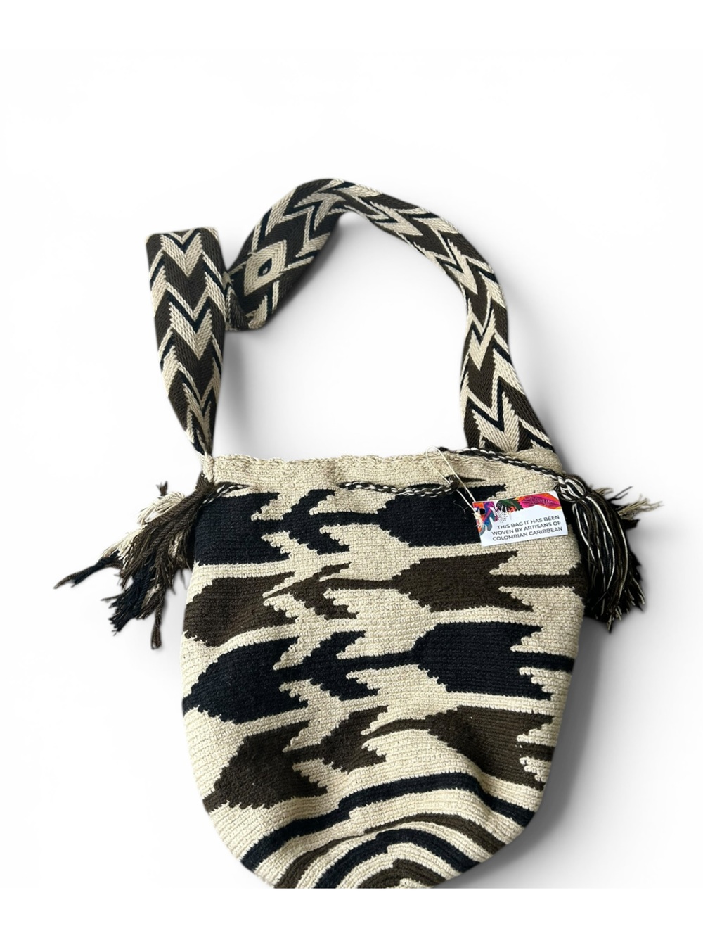 Handwoven Colombian Crossbody Bag Cream Brown Black Patterned